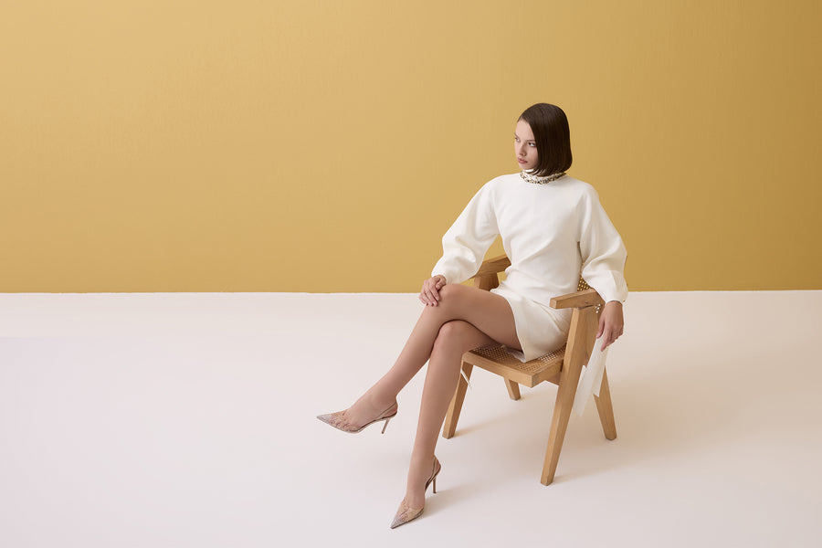 EKRU TAŞ İŞLEMELİ YARASA KOLLU MİNİ ELBİSE