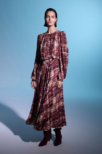 DESENLİ YUVARLAK YAKA UZUN KOLLU KREP UZUN ELBİSE