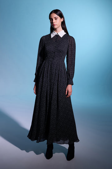 SİYAH BEYAZ PUANTİYELİ GÖMLEK YAKA UZUN KOLLU UZUN ELBİSE