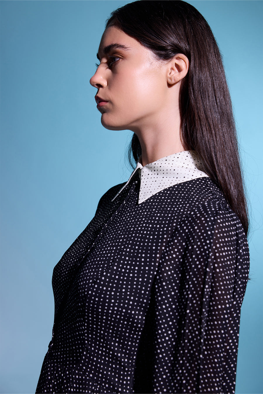 SİYAH BEYAZ PUANTİYELİ GÖMLEK YAKA UZUN KOLLU UZUN ELBİSE