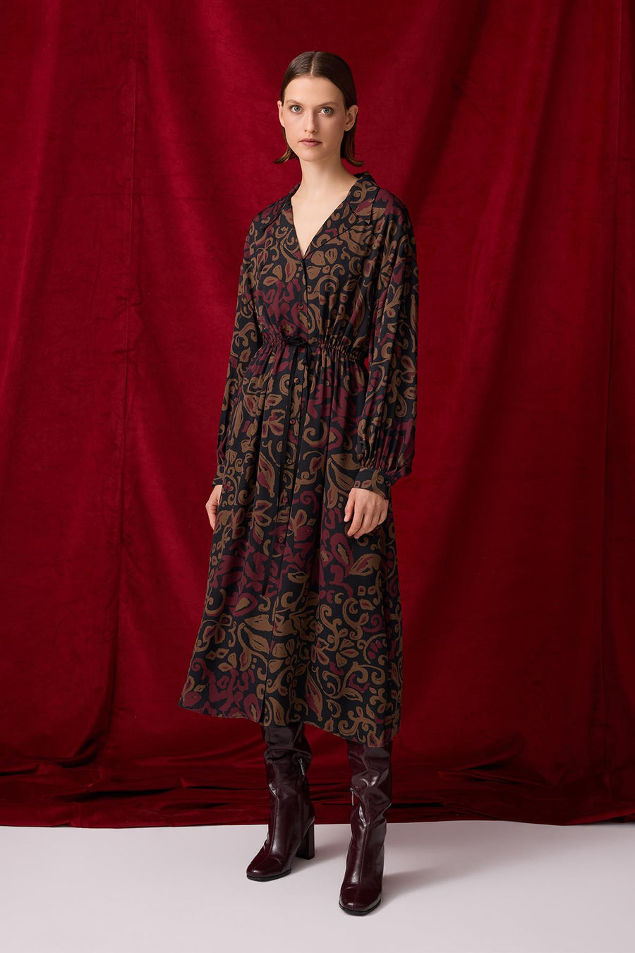 DESENLİ CEKET YAKA OVERSIZE MİDİ BOY ELBİSE