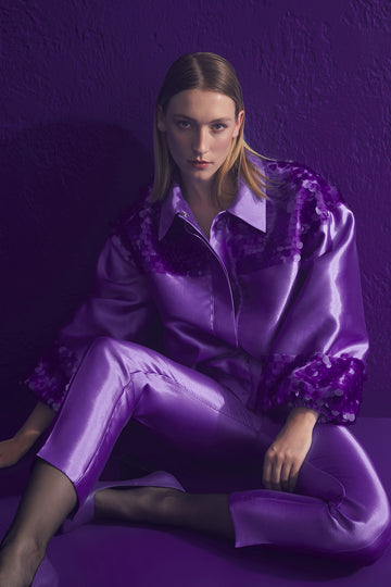  PURPLE SATIN COLLAR AND CUFF SEQUINED WOMEN'S BOMBER JACKET