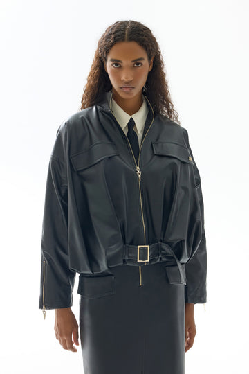 BLACK POCKET ZIPPERED LEATHER WOMEN'S COAT