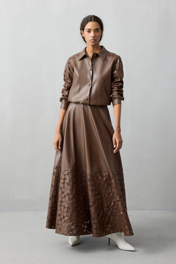 BROWN LEATHER EMBROIDERED WOMEN'S COAT