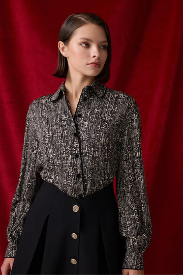 SİYAH BEYAZ DESENLİ BALON KOLLU KADIN GÖMLEK