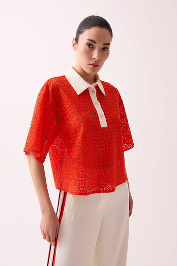 CORAL SHIRT COLLAR LACE BLOUSE