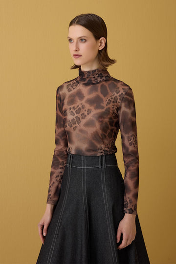 DESENLİ DİK YAKA UZUN KOLLU TRANSPARAN BLUZ