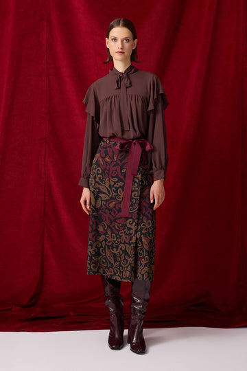 DESENLİ KUŞAK DETAYLI MİDİ BOY ETEK