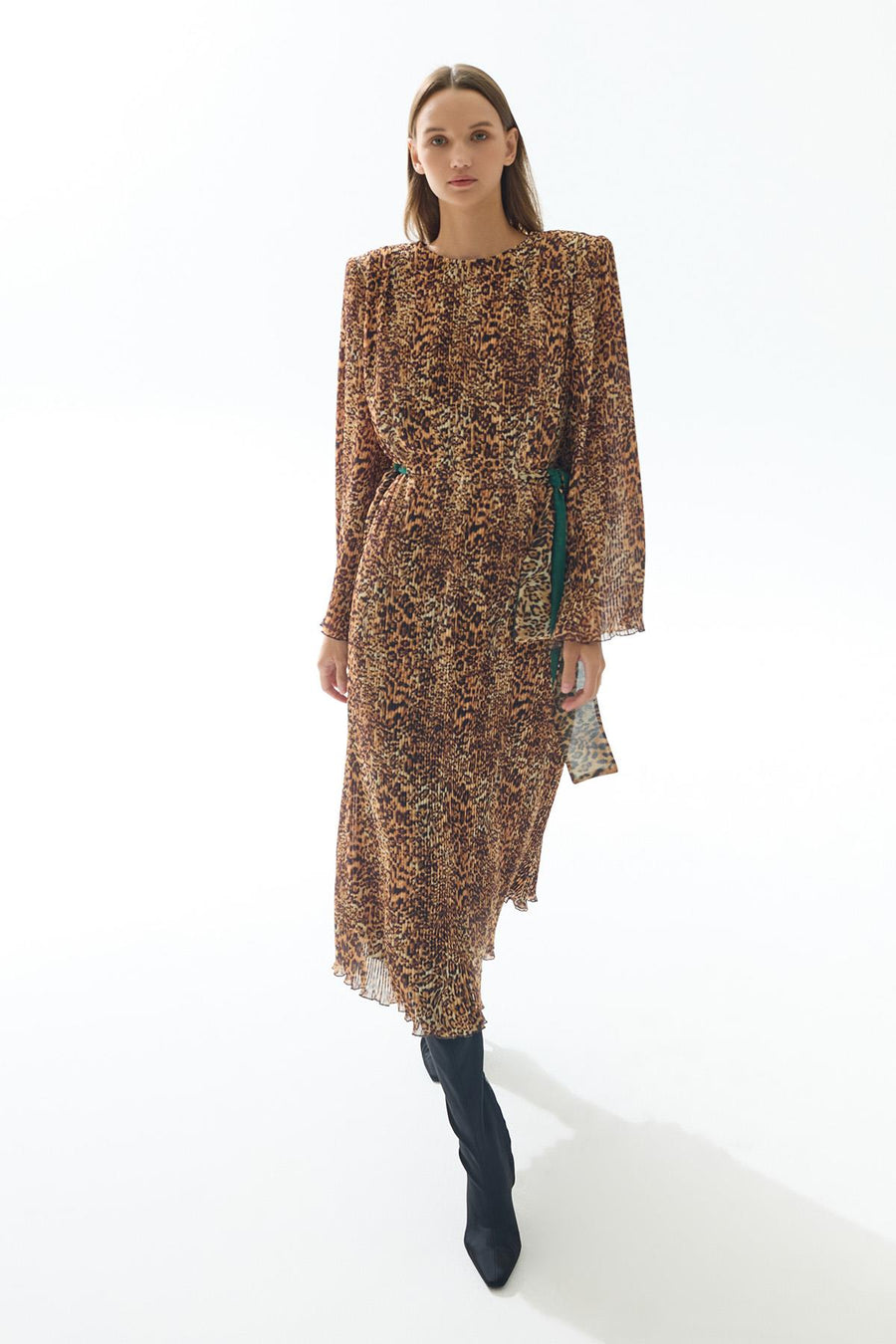 LEOPARD PATTERNED PLEATED MIDI DRESS